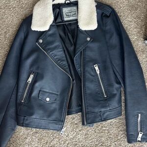 Black Leather Jacket with Cream Collar